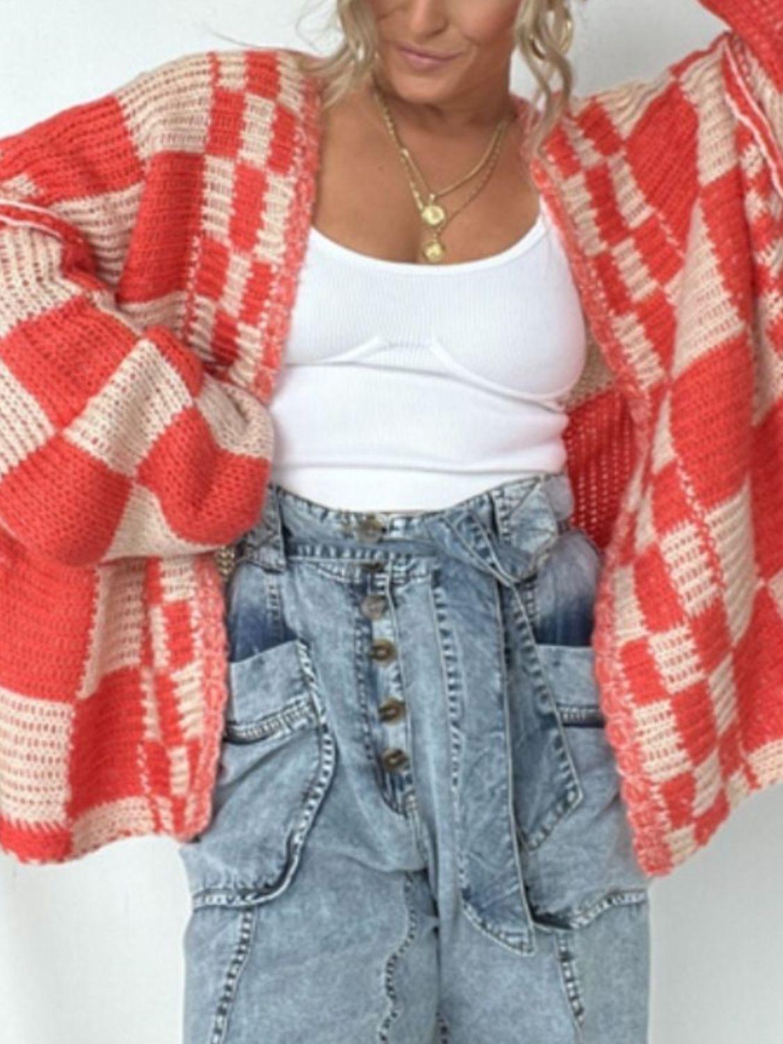 Plaid Open Front Long Sleeve Cardigan - Clothes For Her Online Store