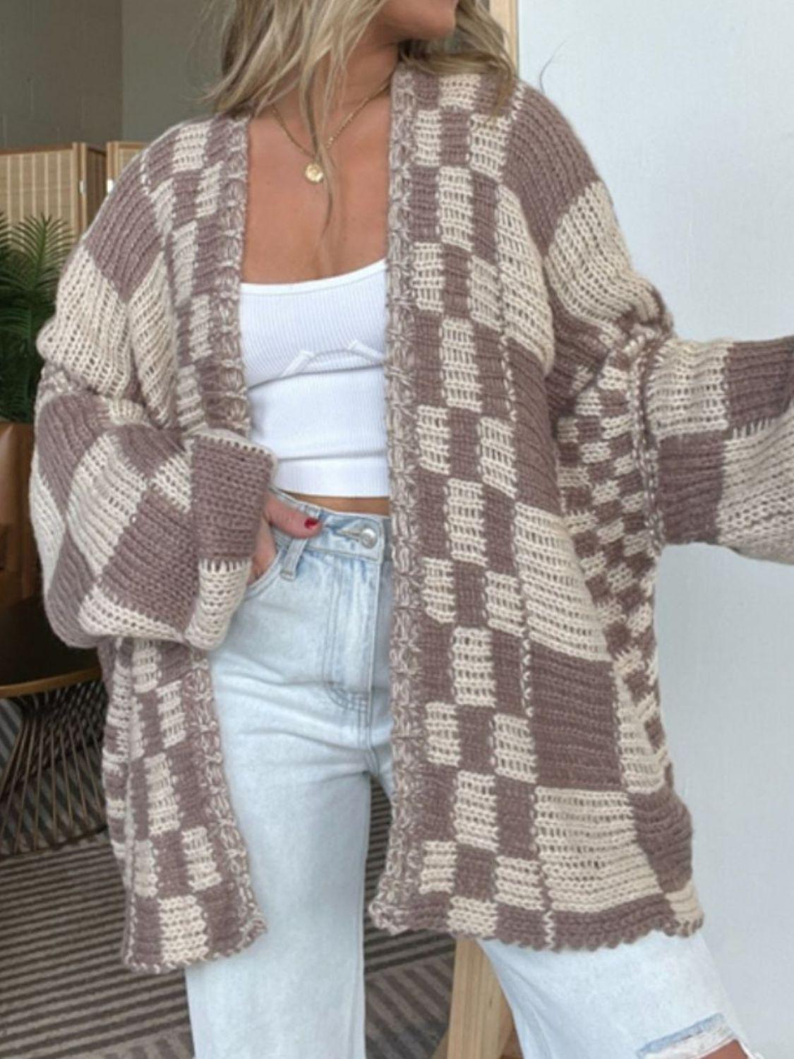 Plaid Open Front Long Sleeve Cardigan - Clothes For Her Online Store