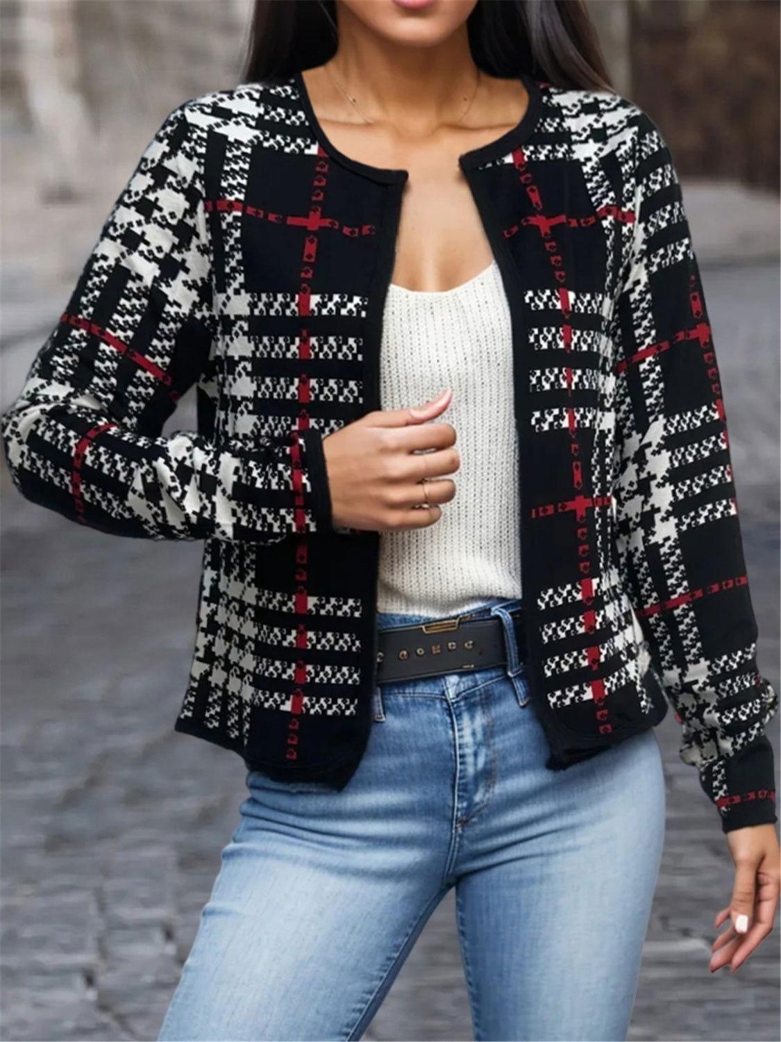 Plaid Open Front Long Sleeve Jacket - Clothes For Her Online Store