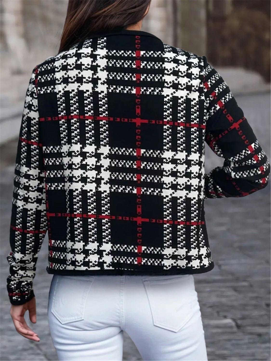 Plaid Open Front Long Sleeve Jacket - Clothes For Her Online Store