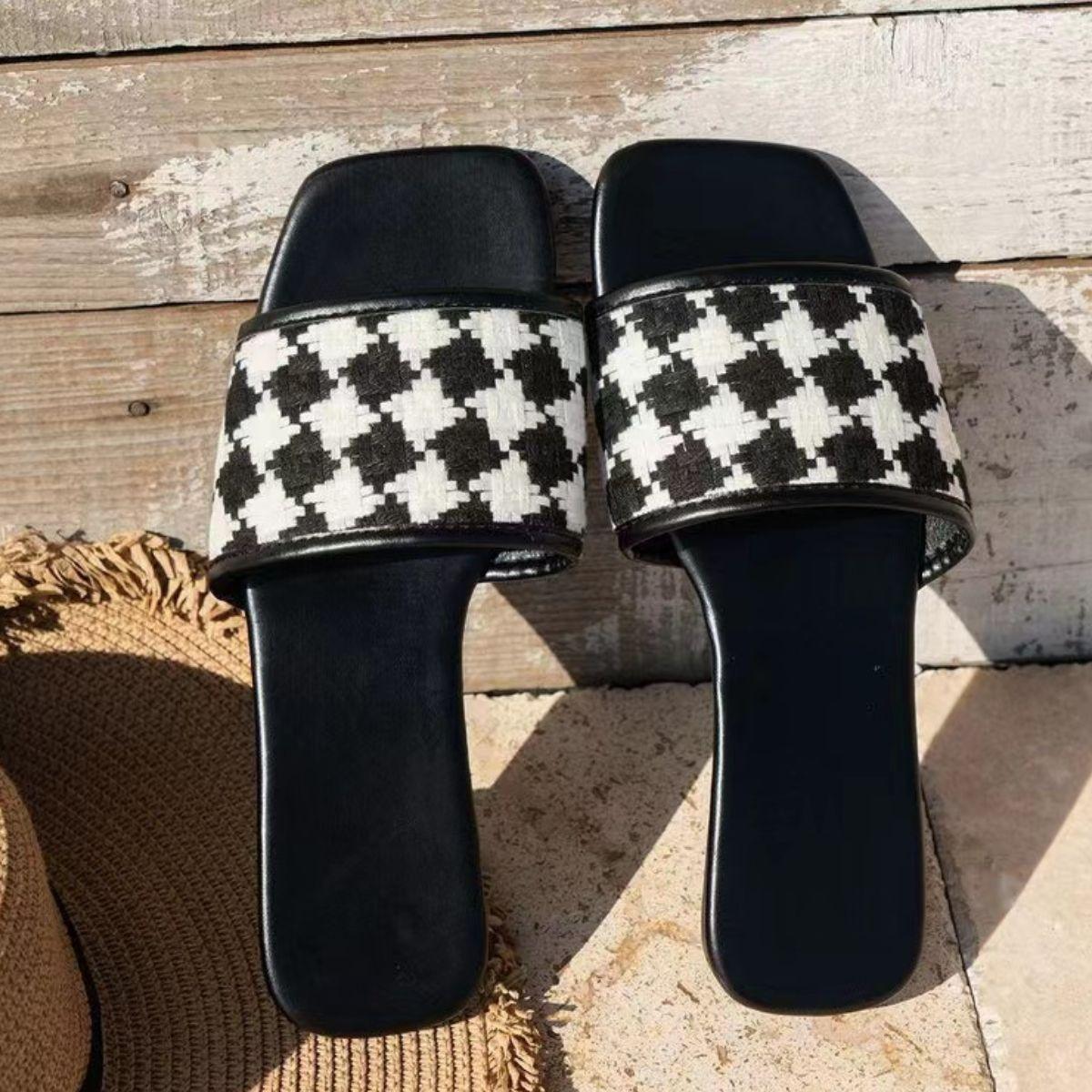 Plaid Open Toe Flat Sandals - Clothes For Her Online Store