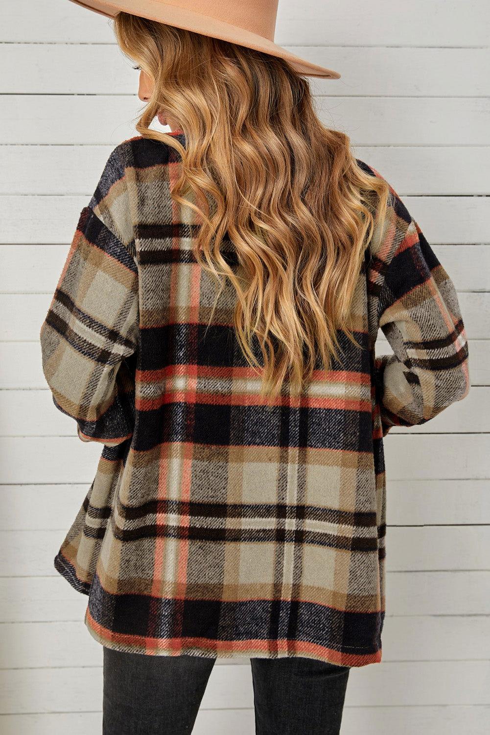 Plaid Pocketed Button Down Shacket - Clothes For Her Online Store