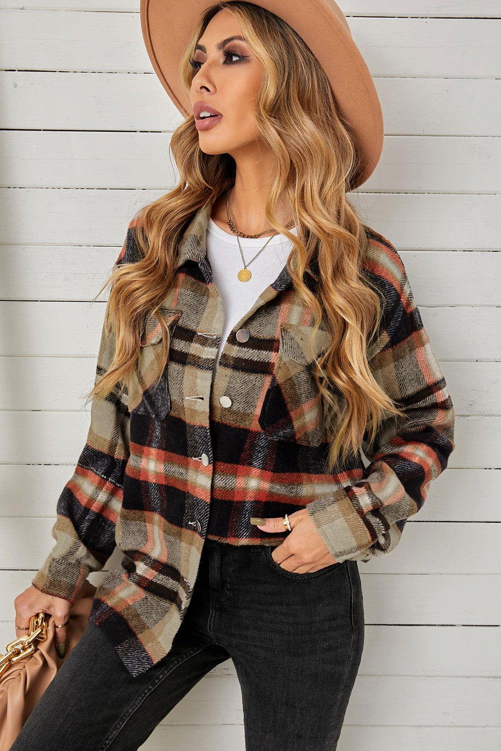 Plaid Pocketed Button Down Shacket - Clothes For Her Online Store