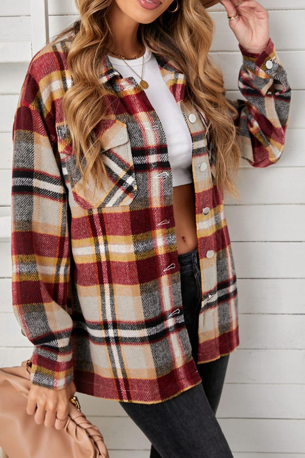 Plaid Pocketed Button Down Shacket - Clothes For Her Online Store