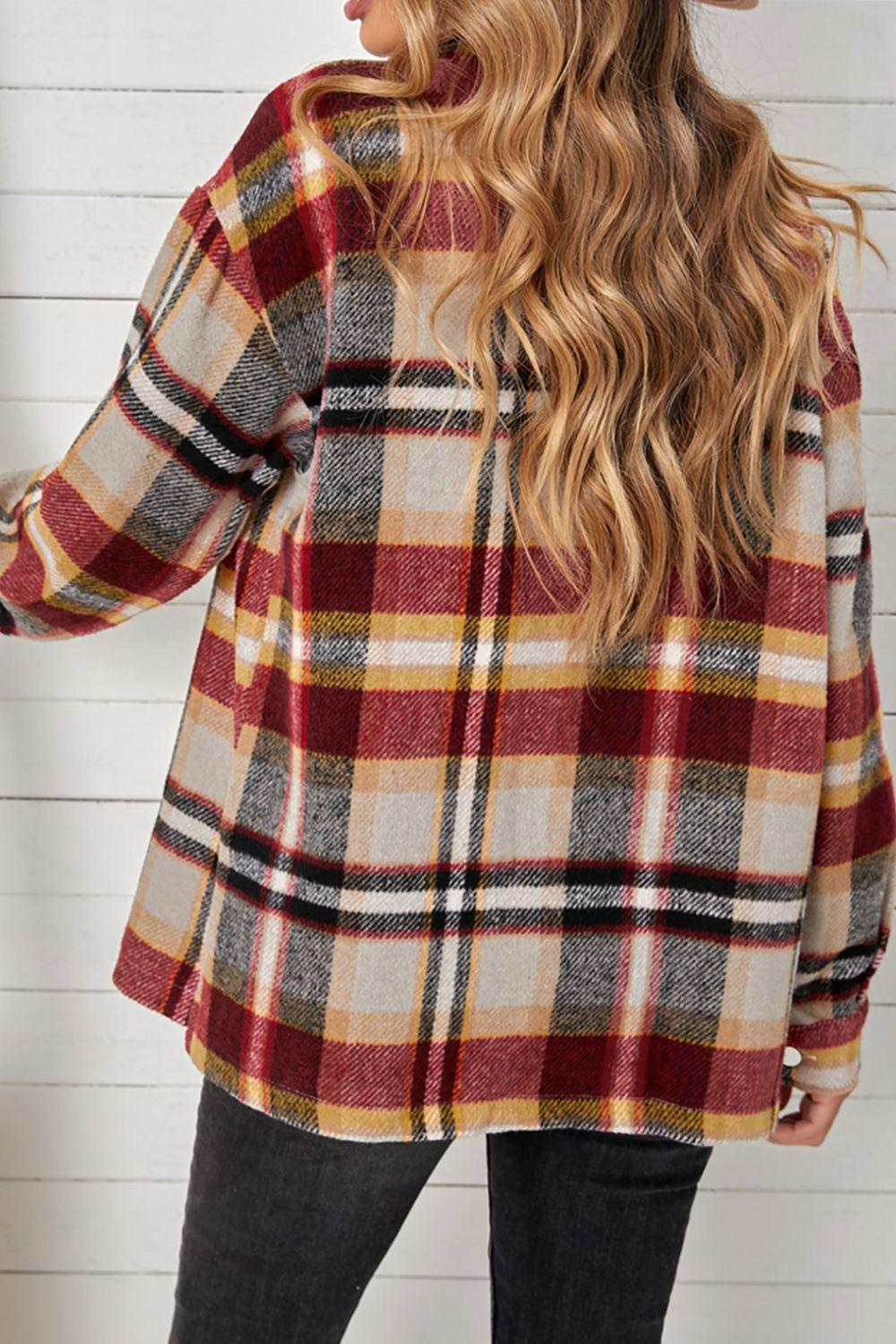 Plaid Pocketed Button Down Shacket - Clothes For Her Online Store