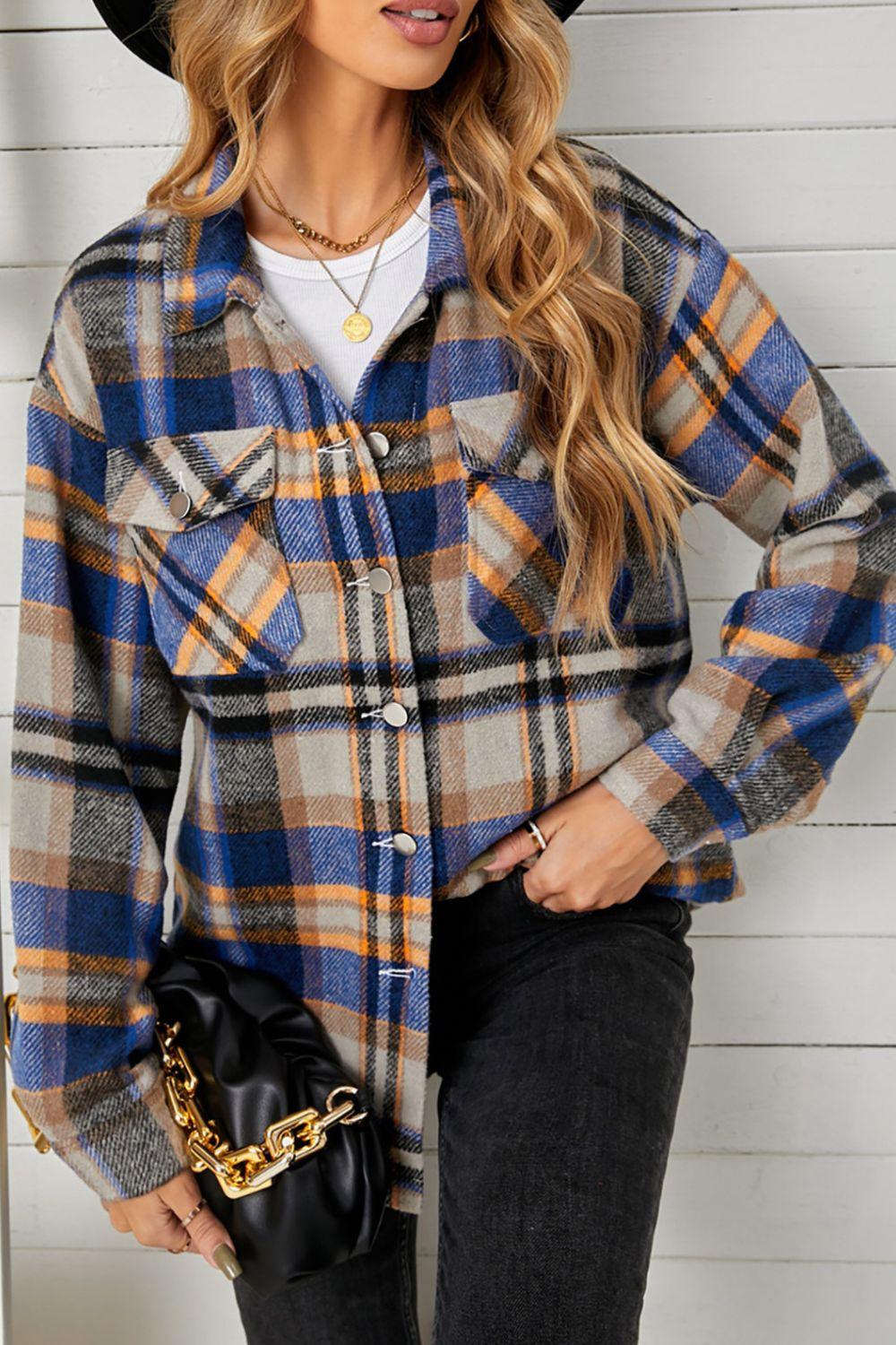 Plaid Pocketed Button Down Shacket - Clothes For Her Online Store
