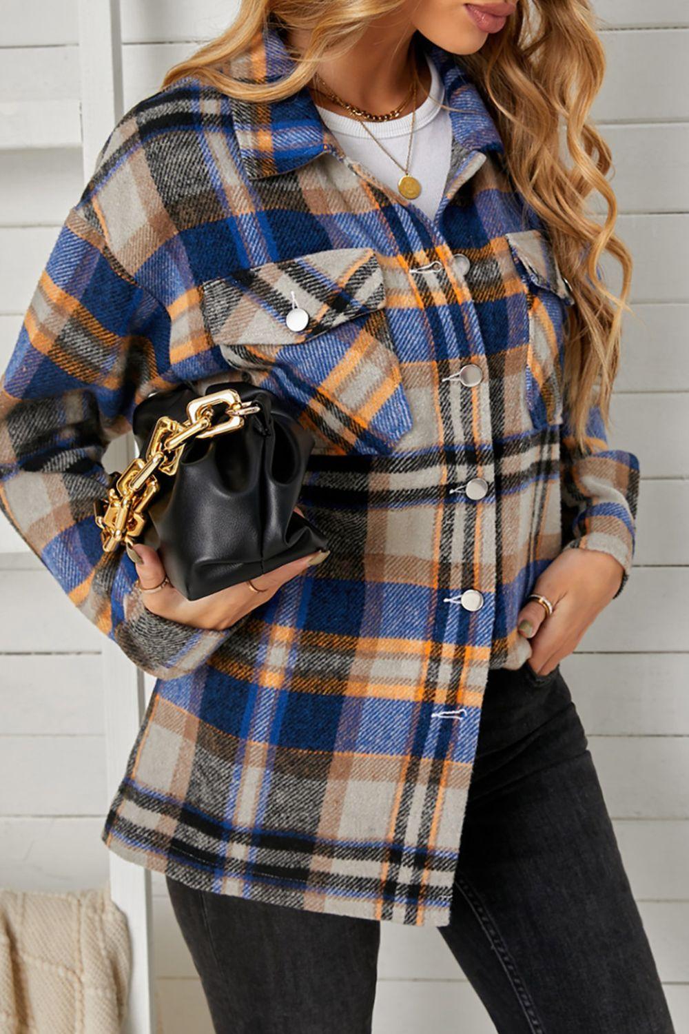 Plaid Pocketed Button Down Shacket - Clothes For Her Online Store