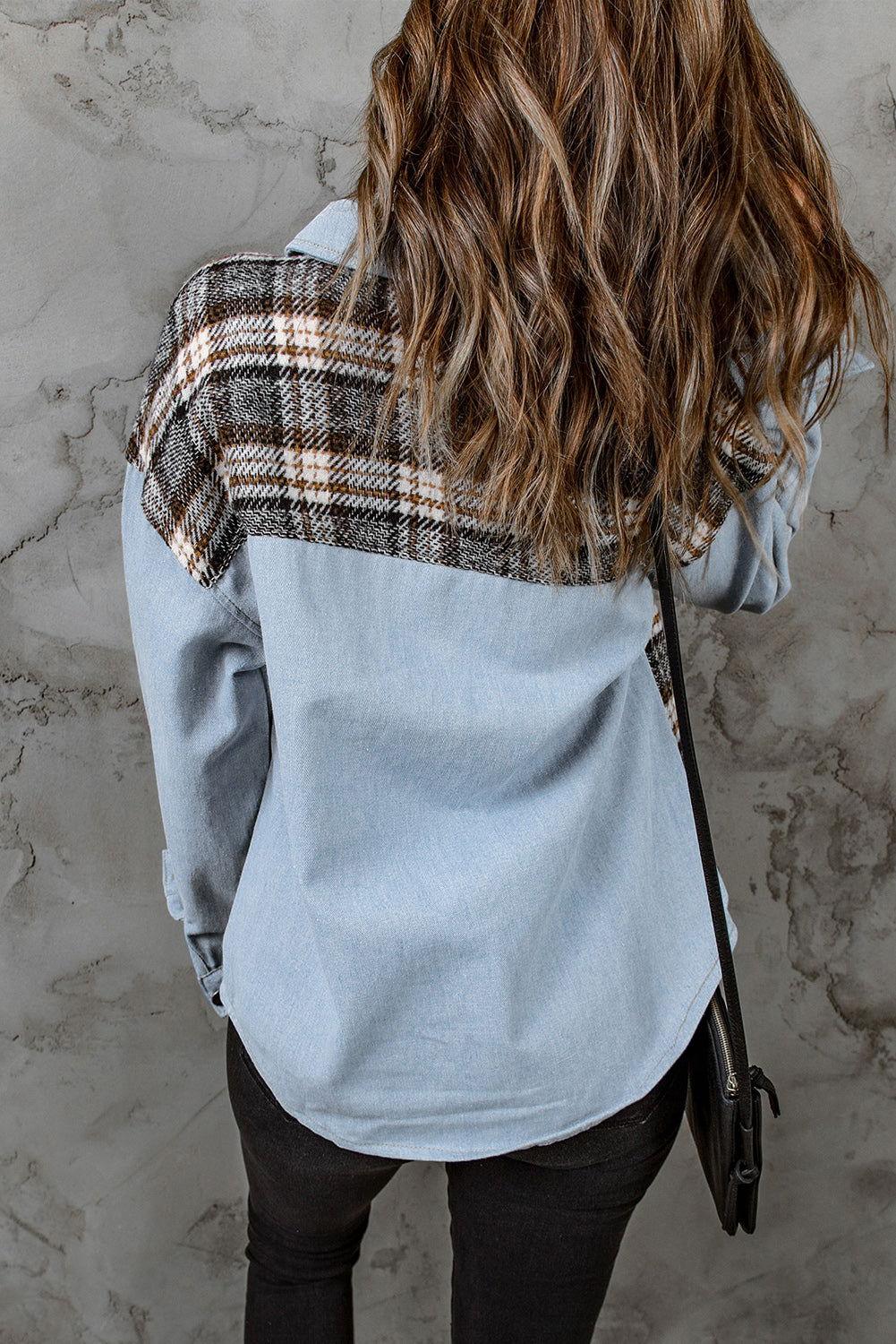 Plaid Pocketed Button Up Denim Jacket - Clothes For Her Online Store