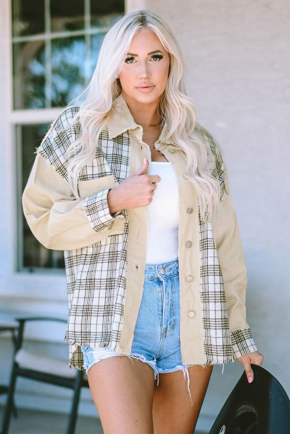 Plaid Raw Hem Button Down Jacket - Clothes For Her Online Store