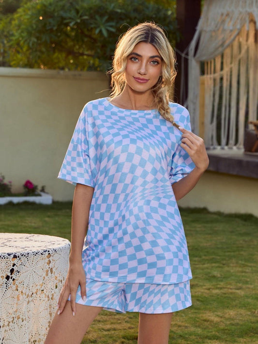 Plaid Round Neck Top and Shorts Lounge Set - Clothes For Her Online Store
