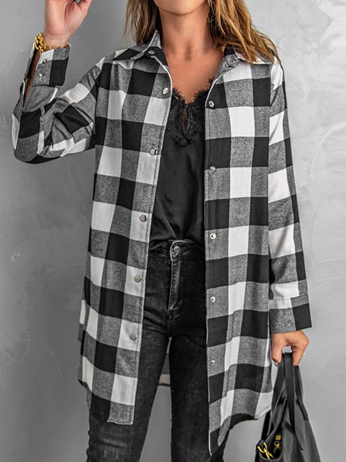 Plaid Snap Down Long Sleeve Jacket - Clothes For Her Online Store