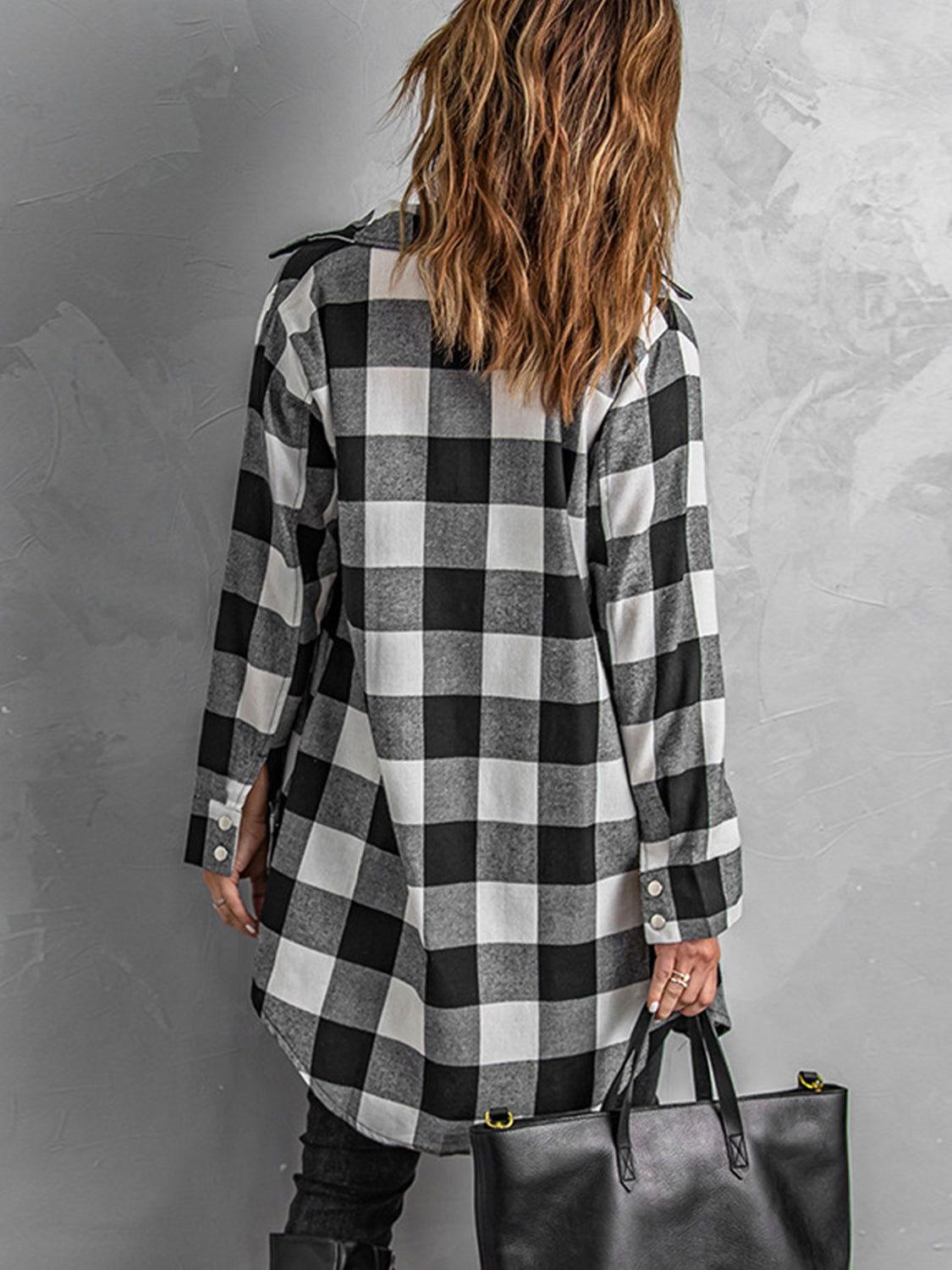 Plaid Snap Down Long Sleeve Jacket - Clothes For Her Online Store