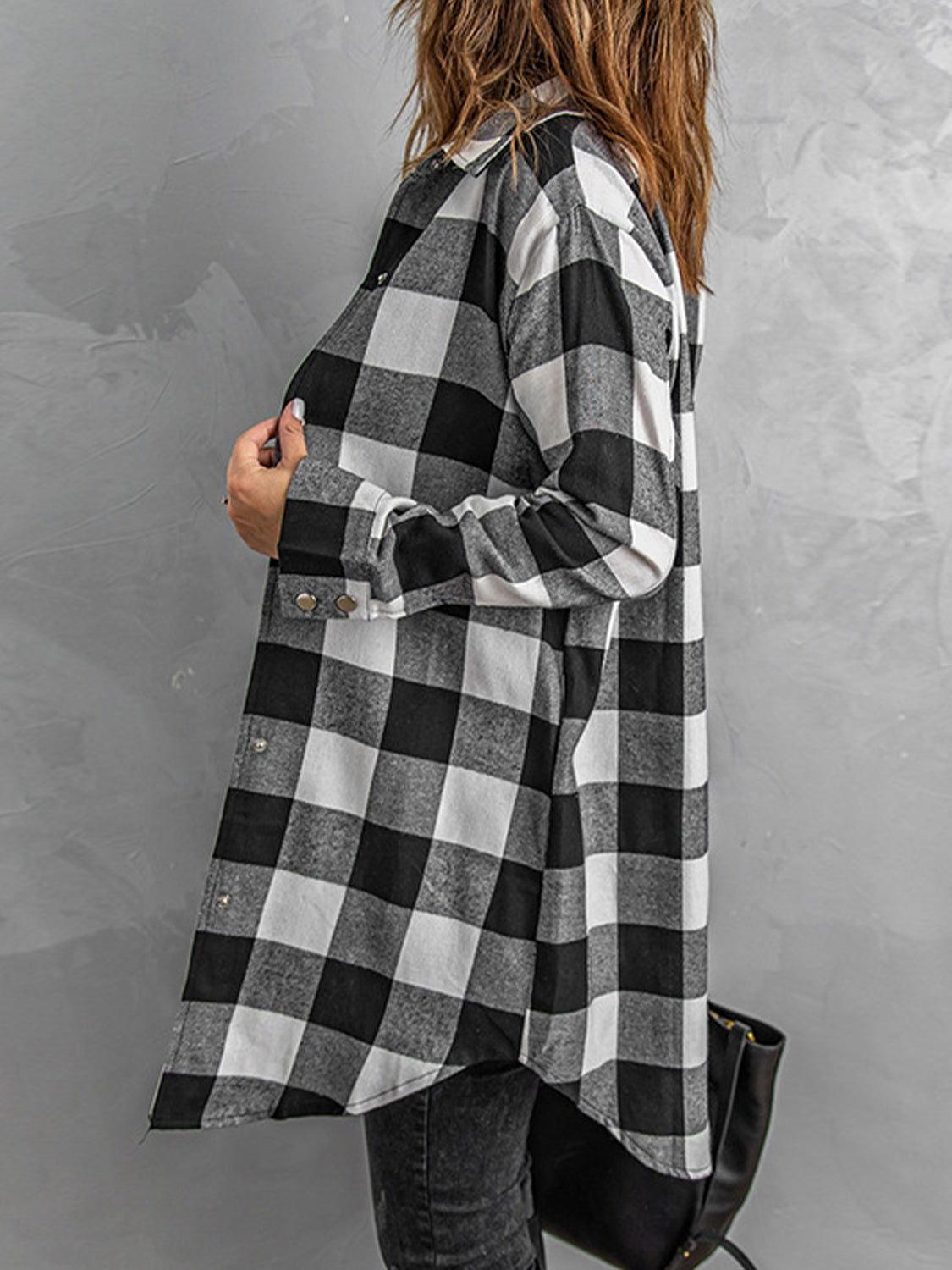 Plaid Snap Down Long Sleeve Jacket - Clothes For Her Online Store
