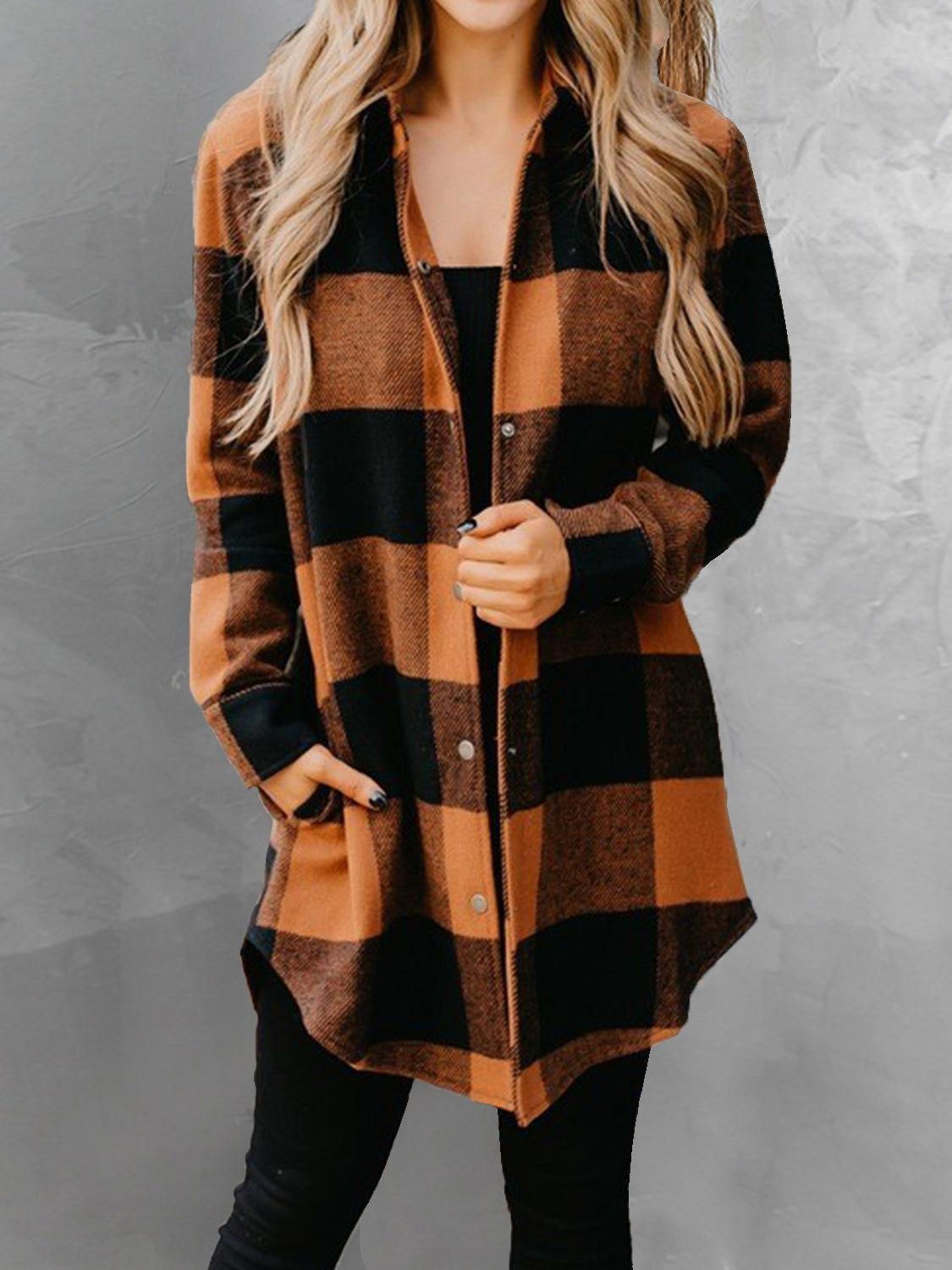 Plaid Snap Down Long Sleeve Jacket - Clothes For Her Online Store