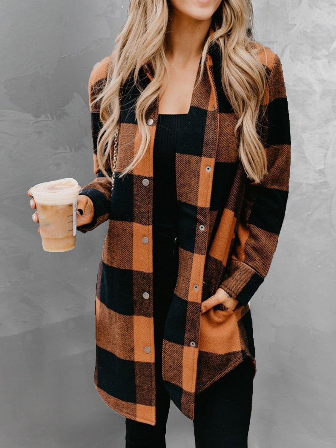 Plaid Snap Down Long Sleeve Jacket - Clothes For Her Online Store