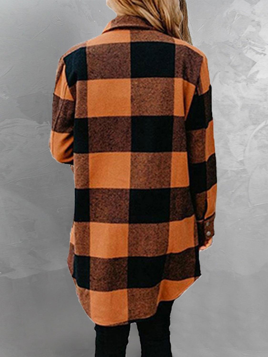 Plaid Snap Down Long Sleeve Jacket - Clothes For Her Online Store