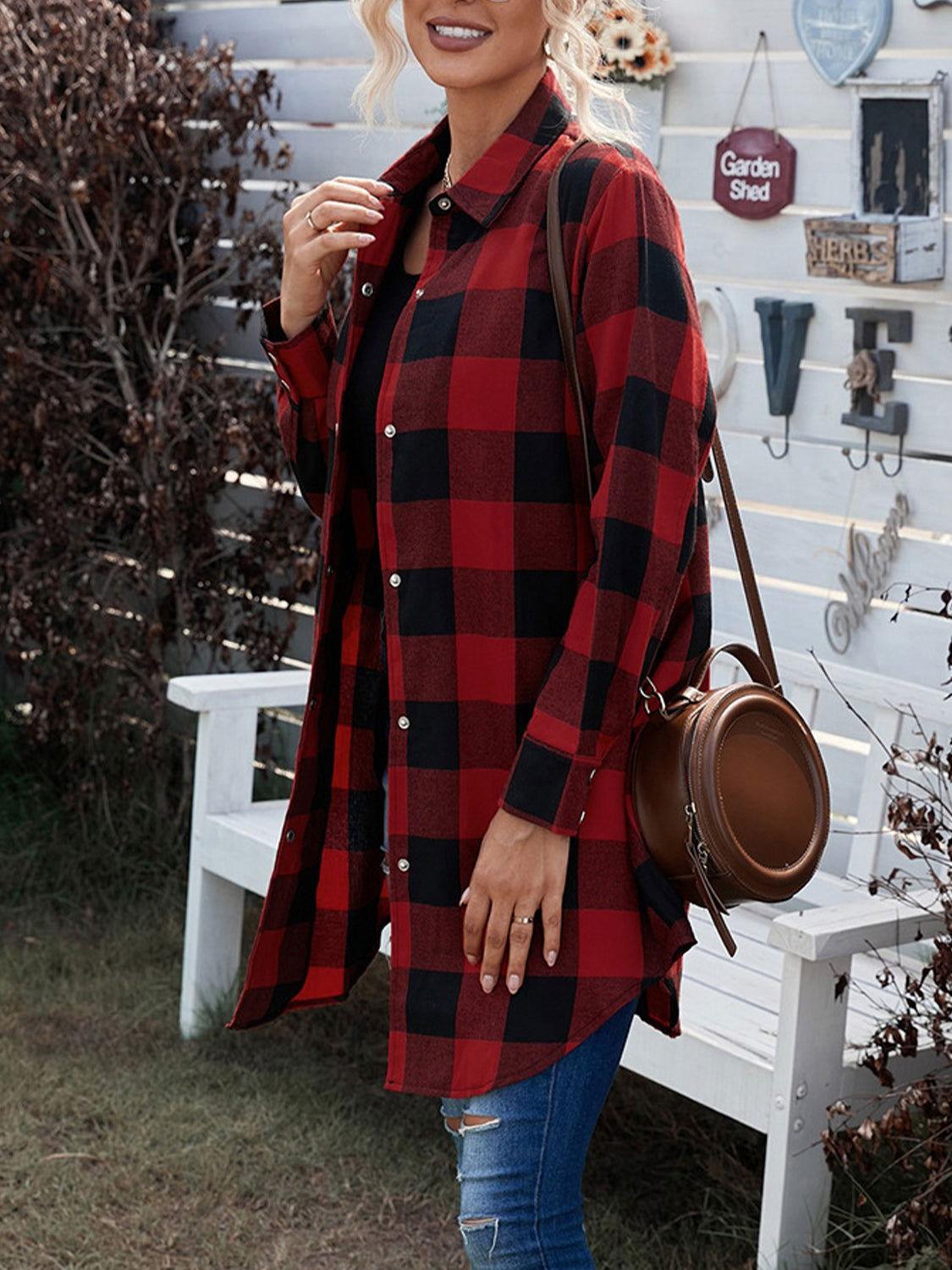 Plaid Snap Down Long Sleeve Jacket - Clothes For Her Online Store