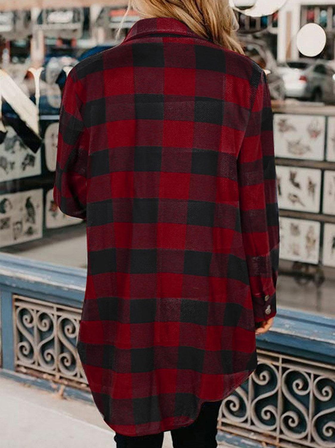Plaid Snap Down Long Sleeve Jacket - Clothes For Her Online Store