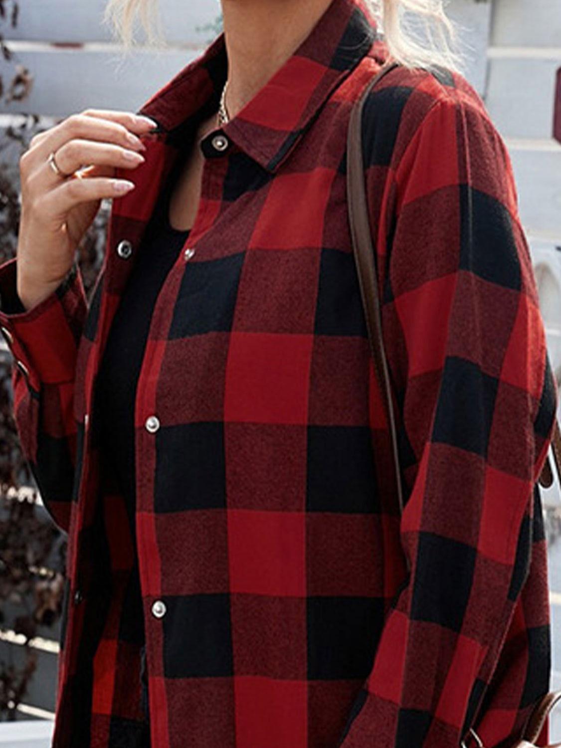 Plaid Snap Down Long Sleeve Jacket - Clothes For Her Online Store