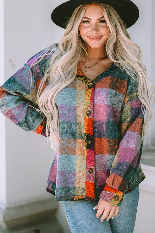 Plaid V-Neck Button Down Jacket - Clothes For Her Online Store