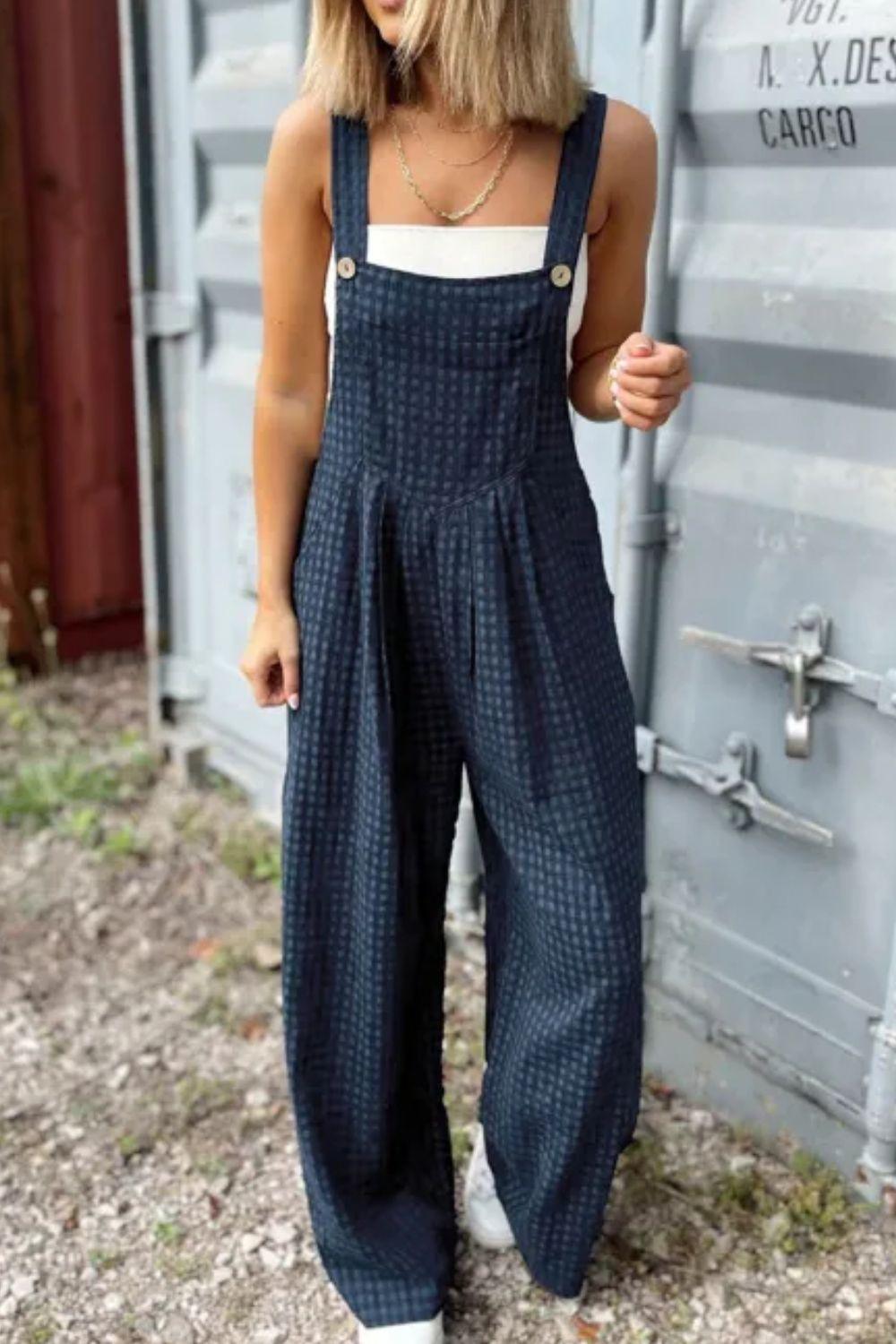 Plaid Wide Strap Wide Leg Overalls - Clothes For Her Online Store