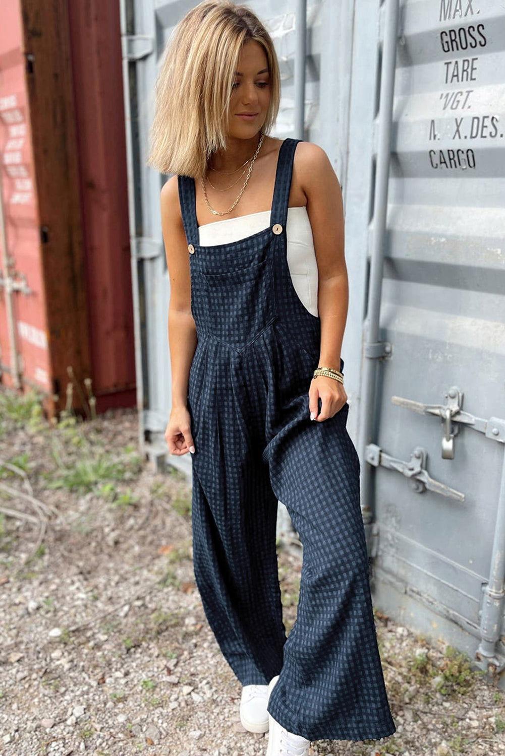 Plaid Wide Strap Wide Leg Overalls - Clothes For Her Online Store