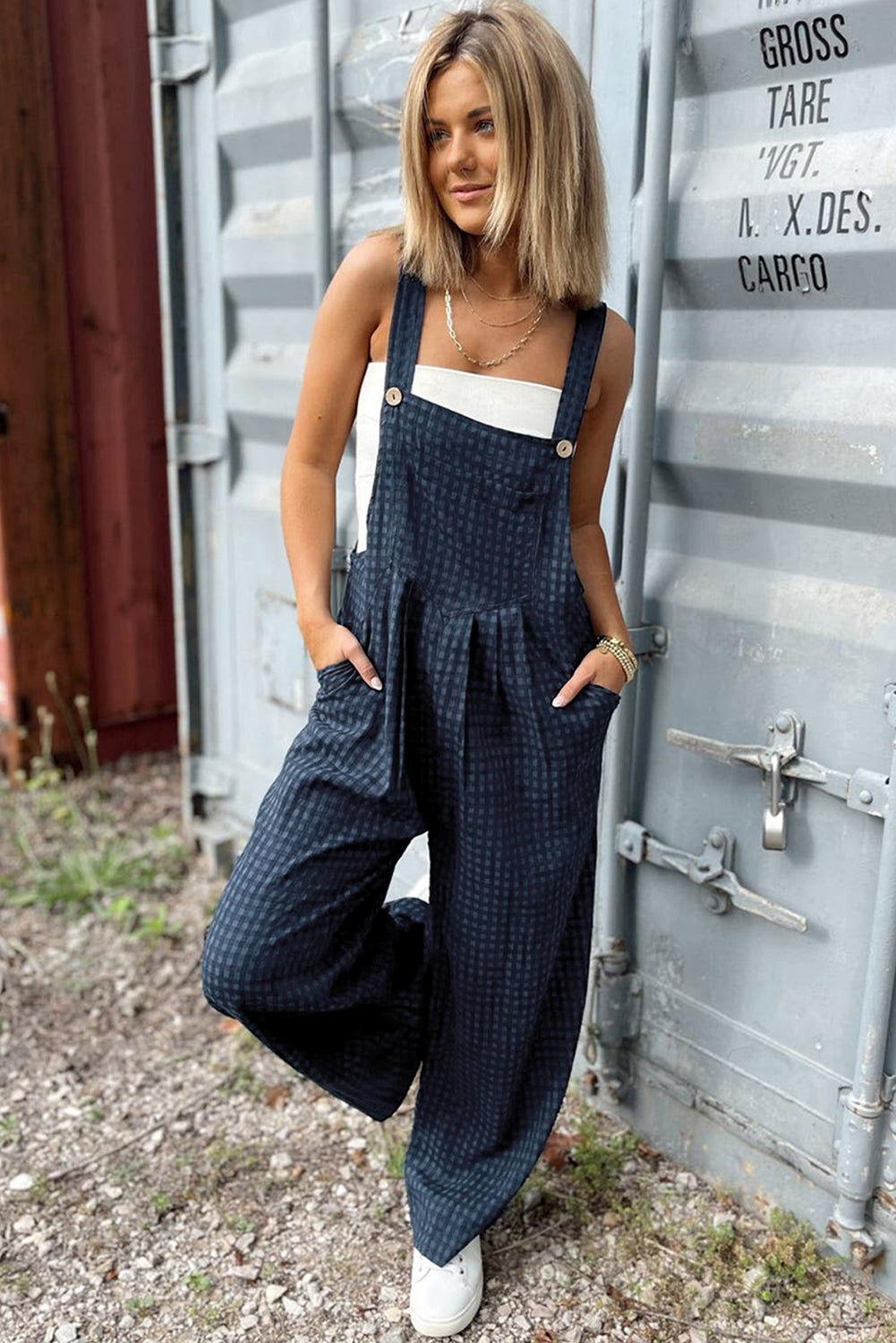 Plaid Wide Strap Wide Leg Overalls - Clothes For Her Online Store