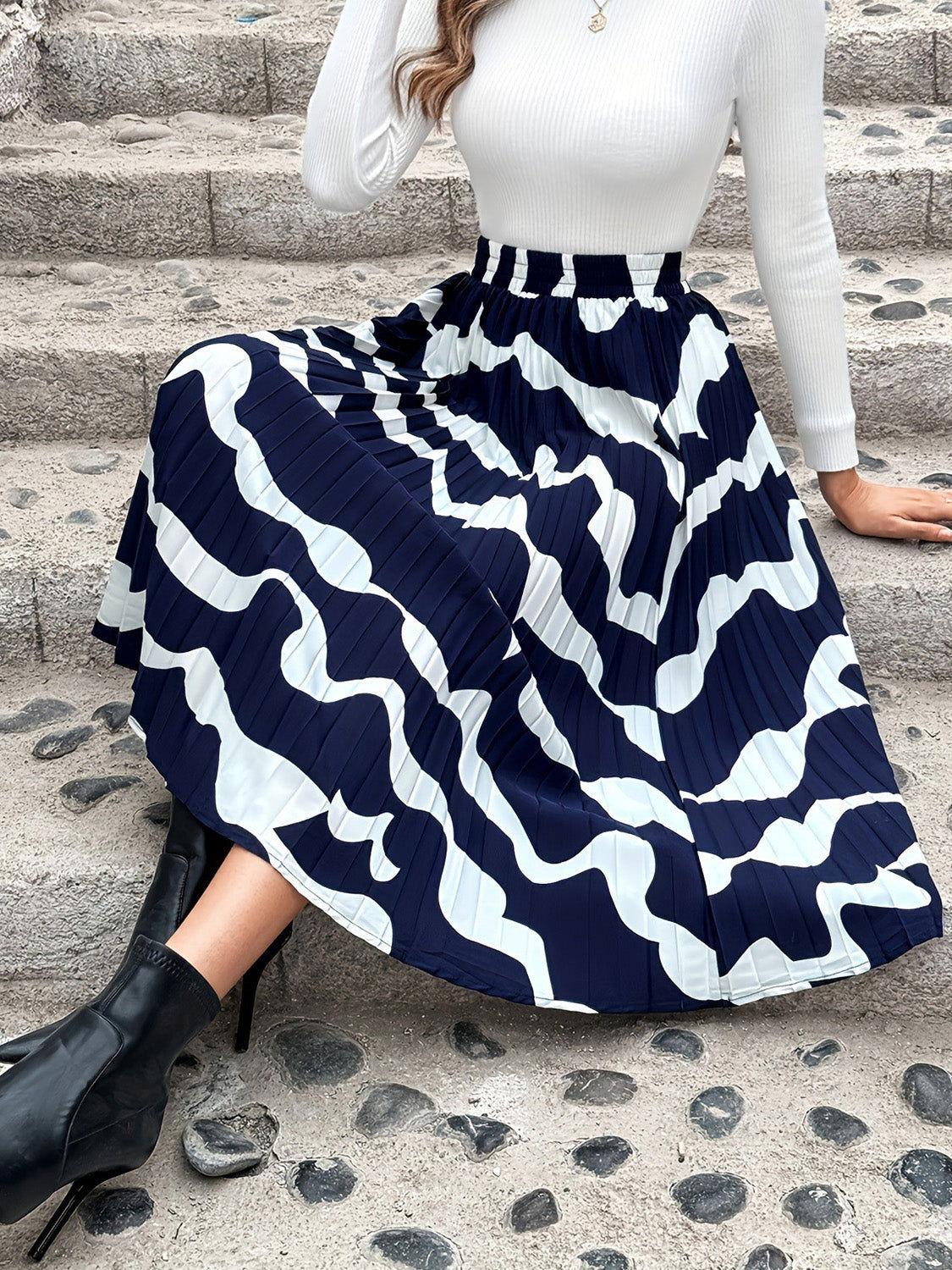 Pleated Printed Elastic Waist Skirt - Clothes For Her Online Store