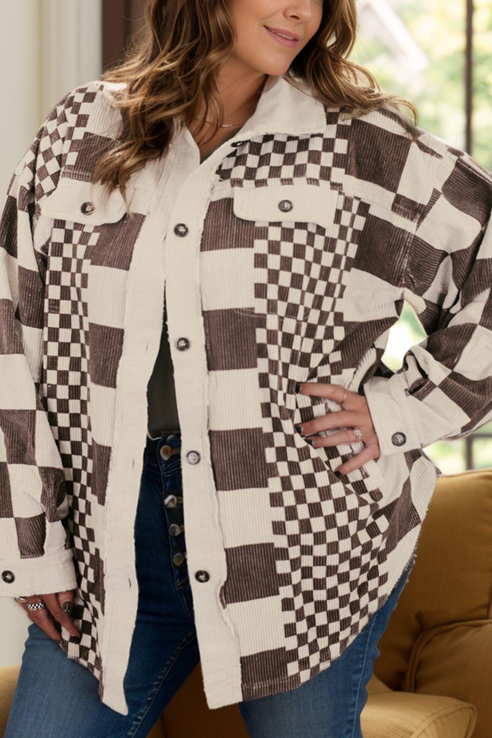 Plus Size Checkered Button Up Long Sleeve Jacket - Clothes For Her Online Store