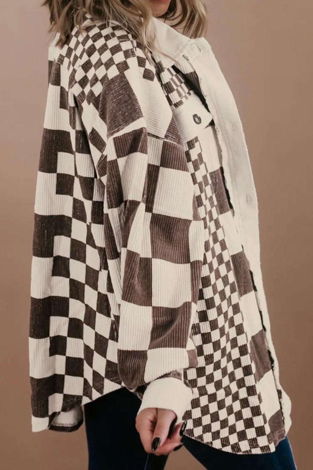 Plus Size Checkered Button Up Long Sleeve Jacket - Clothes For Her Online Store