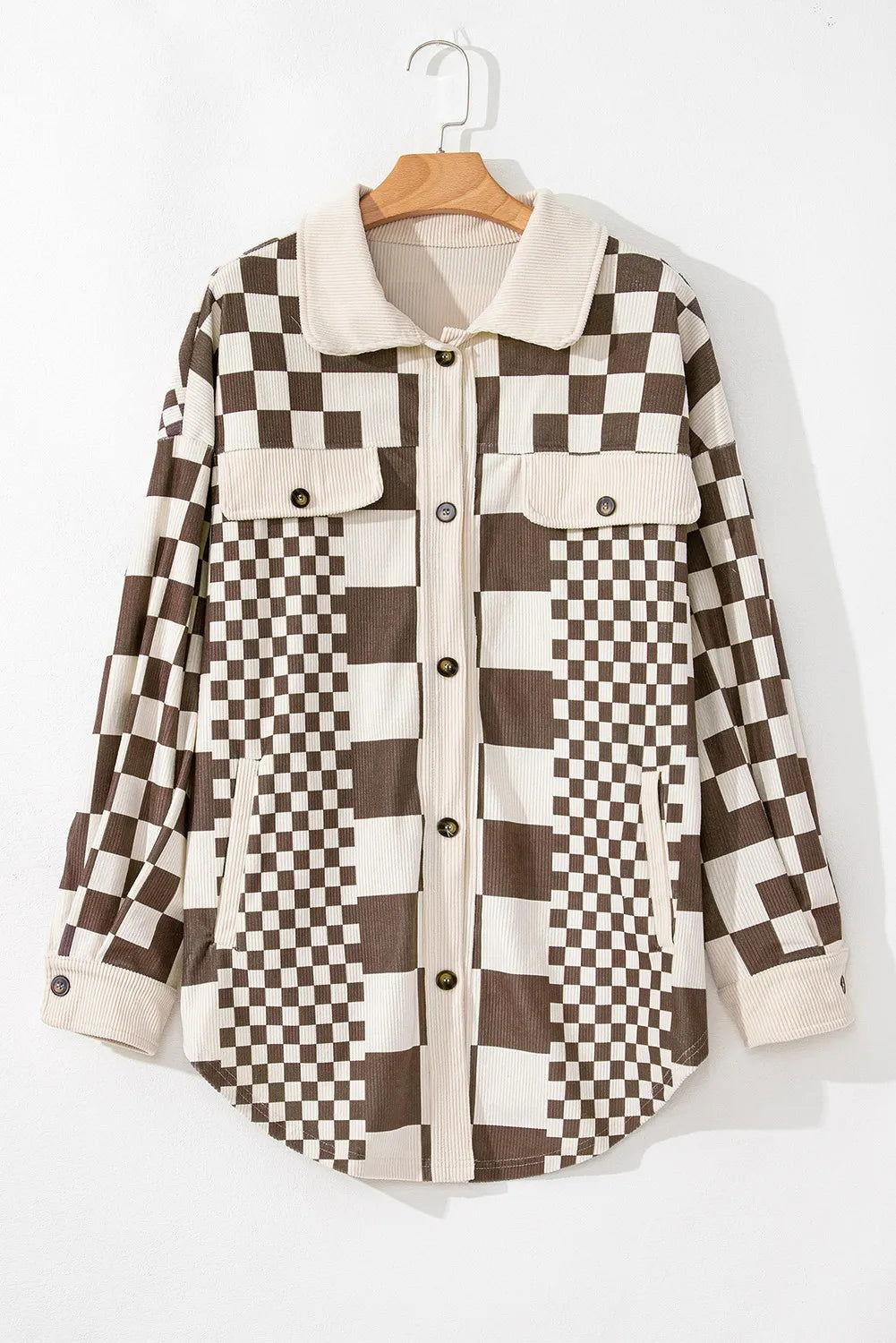 Plus Size Checkered Button Up Long Sleeve Jacket - Clothes For Her Online Store