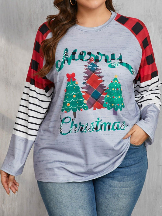 Plus Size Christmas Tree Plaid Round Neck Long Sleeve T-Shirt - Clothes For Her Online Store