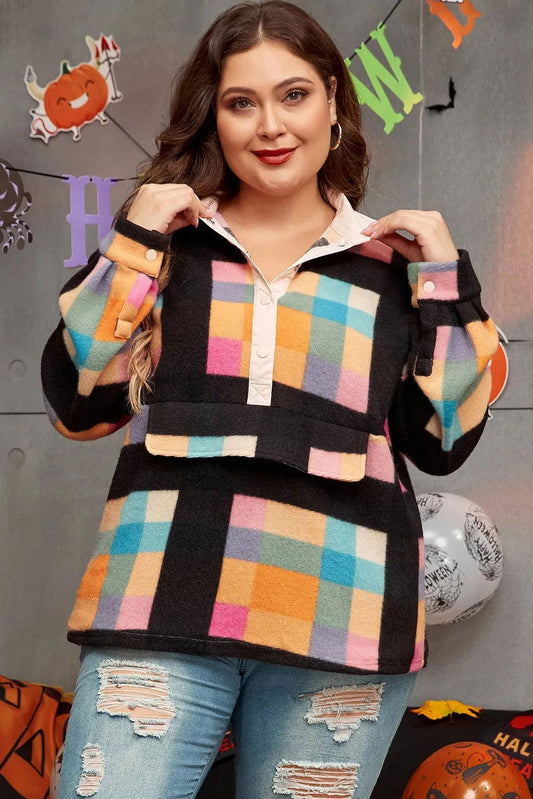 Plus Size Color Block Half Snap Long Sleeve Sweatshirt - Clothes For Her Online Store