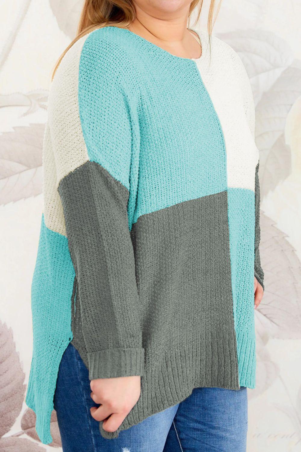 Plus Size Color Block Round Neck Sweater