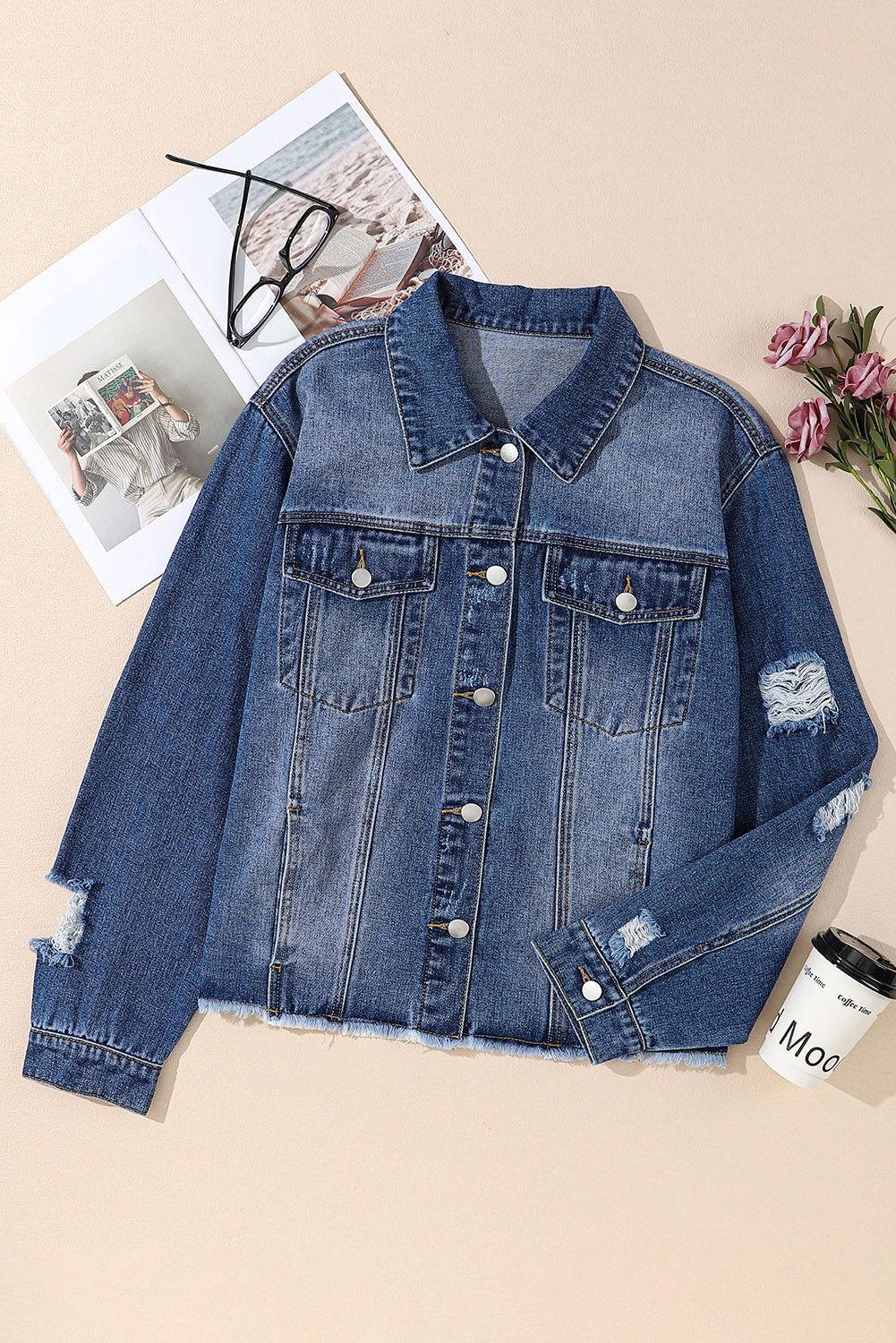 Plus Size Distressed Button Up Raw Hem Denim Jacket - Clothes For Her Online Store