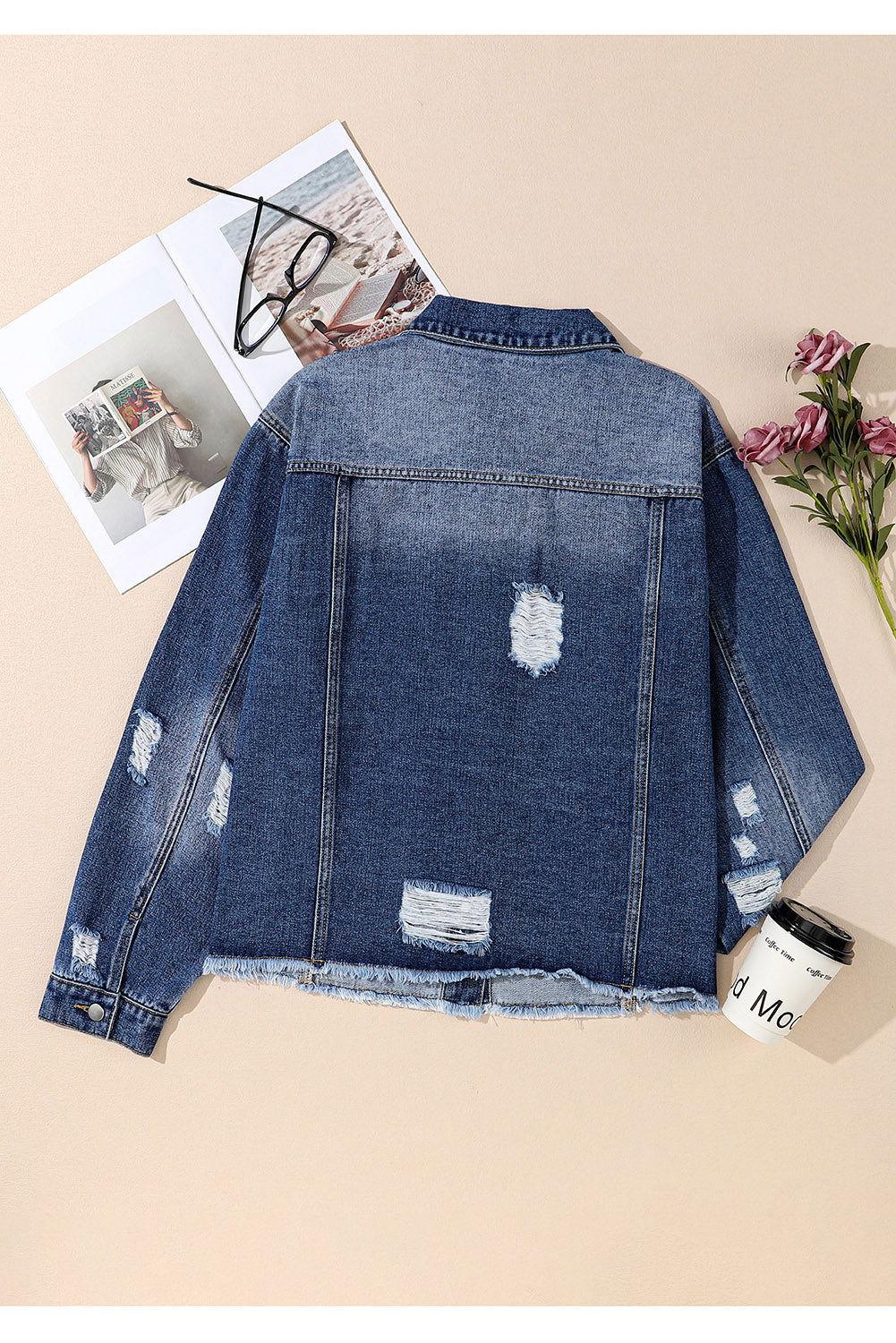 Plus Size Distressed Button Up Raw Hem Denim Jacket - Clothes For Her Online Store