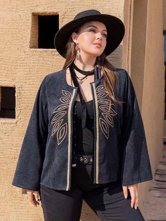 Plus Size Embroidered Open Front Jacket - Clothes For Her Online Store