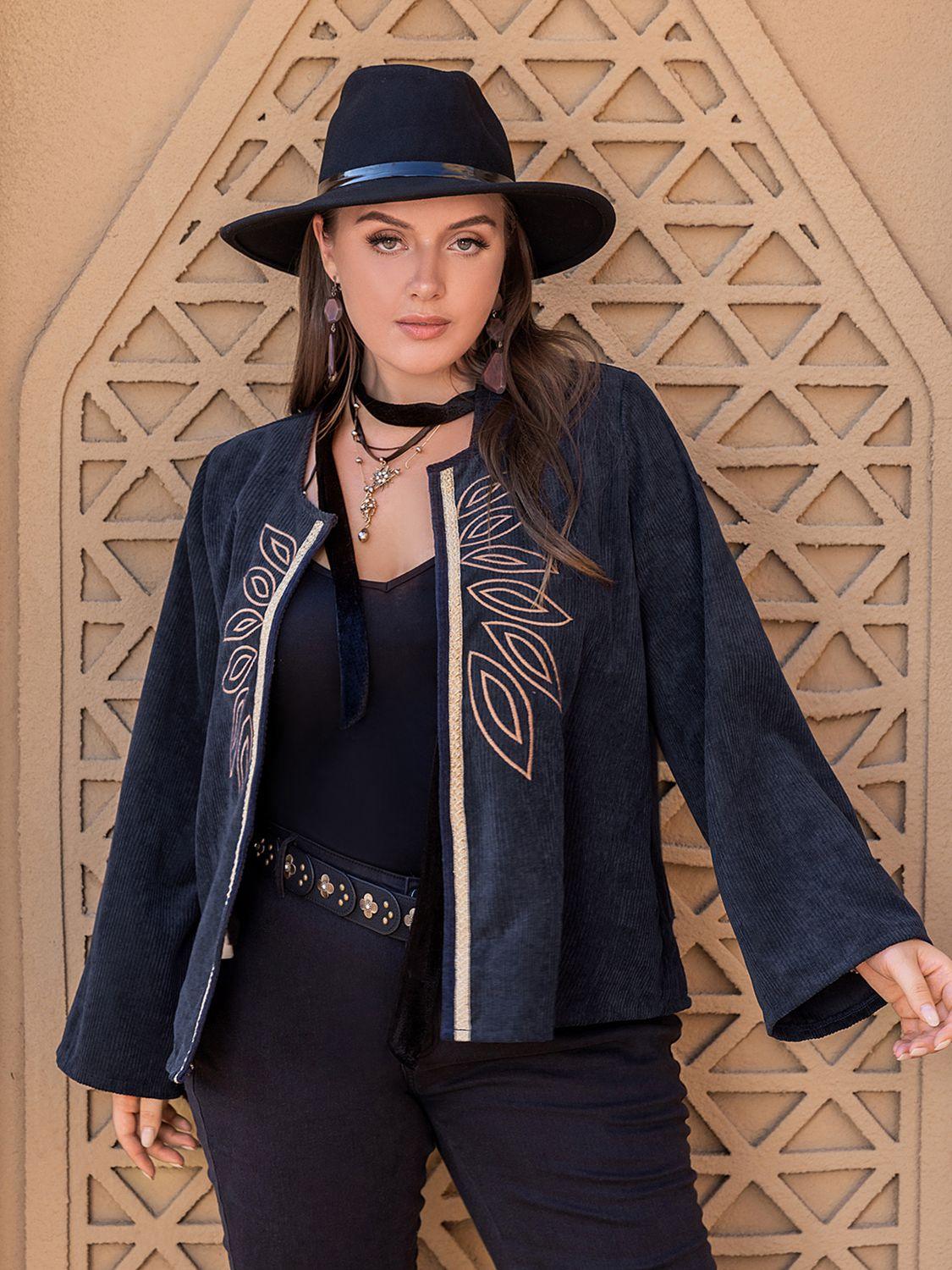 Plus Size Embroidered Open Front Jacket - Clothes For Her Online Store