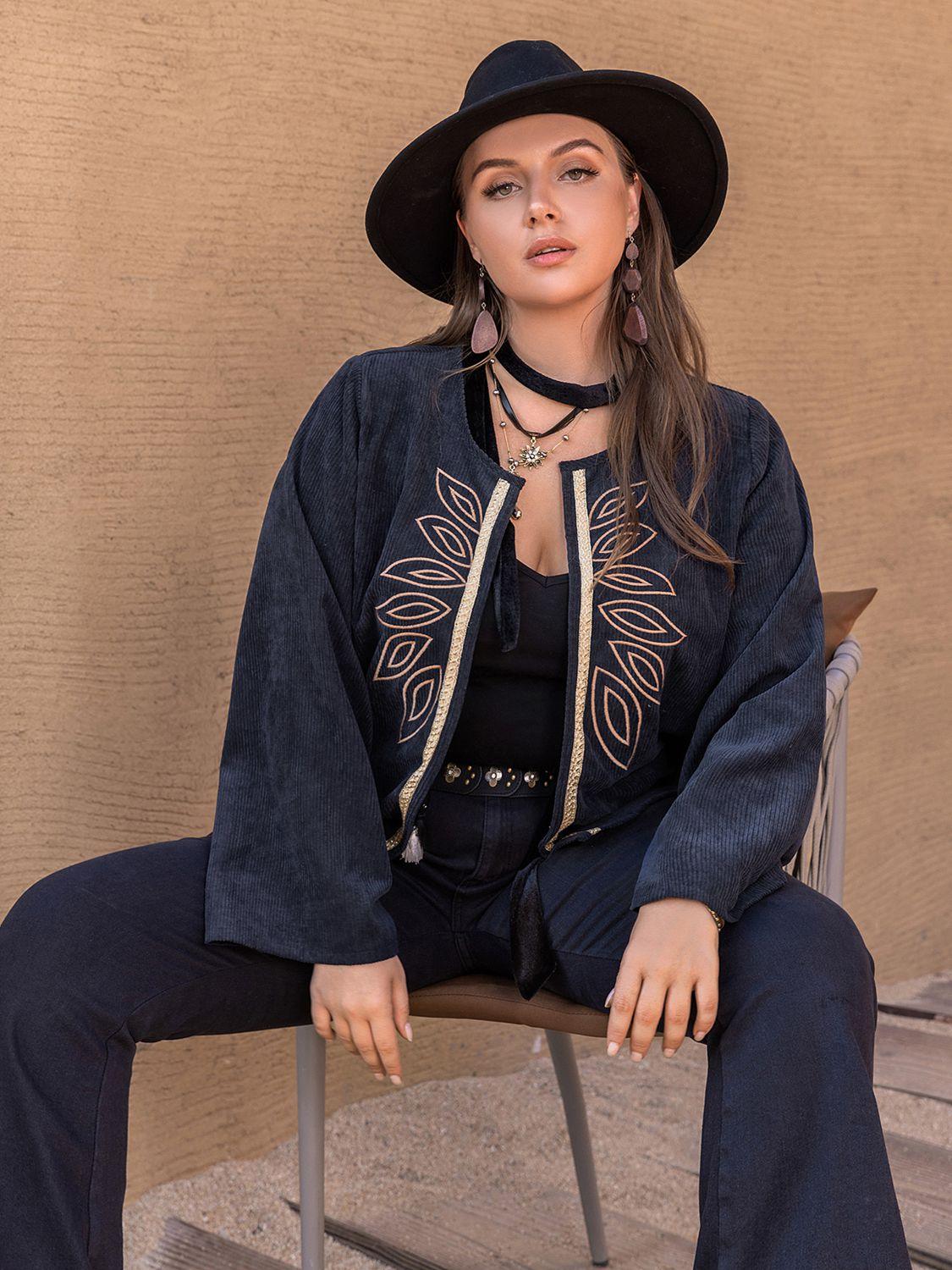 Plus Size Embroidered Open Front Jacket - Clothes For Her Online Store