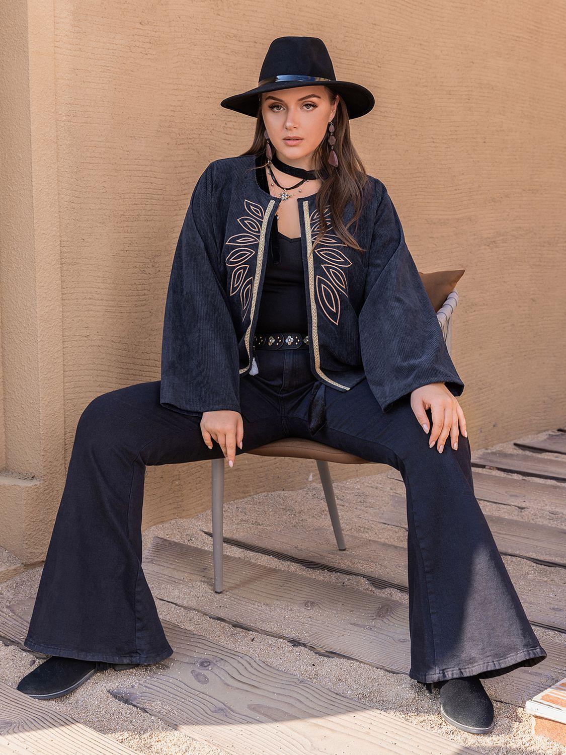 Plus Size Embroidered Open Front Jacket - Clothes For Her Online Store