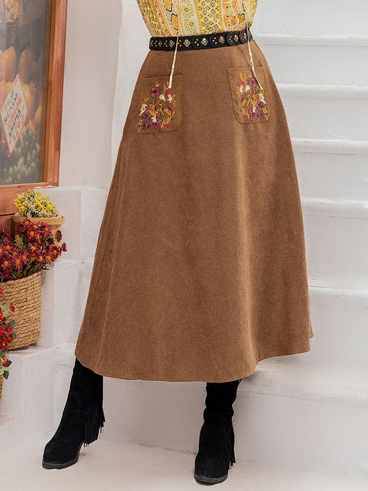 Plus Size Embroidered Pocketed High Waist Skirt - Clothes For Her Online Store