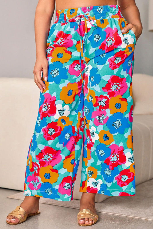 Plus Size Floral Drawstring Wide Leg Pants with Pockets - Clothes For Her Online Store