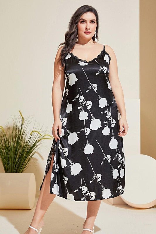 Plus Size Floral Lace Trim Side Slit Night Dress - Clothes For Her Online Store