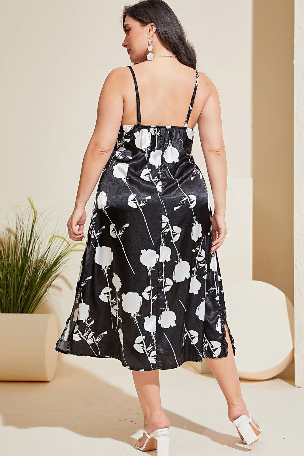 Plus Size Floral Lace Trim Side Slit Night Dress - Clothes For Her Online Store