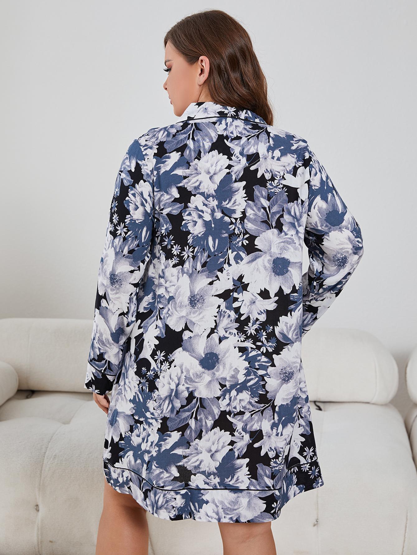 Plus Size Floral Lapel Collar Long Sleeve Night Dress - Clothes For Her Online Store