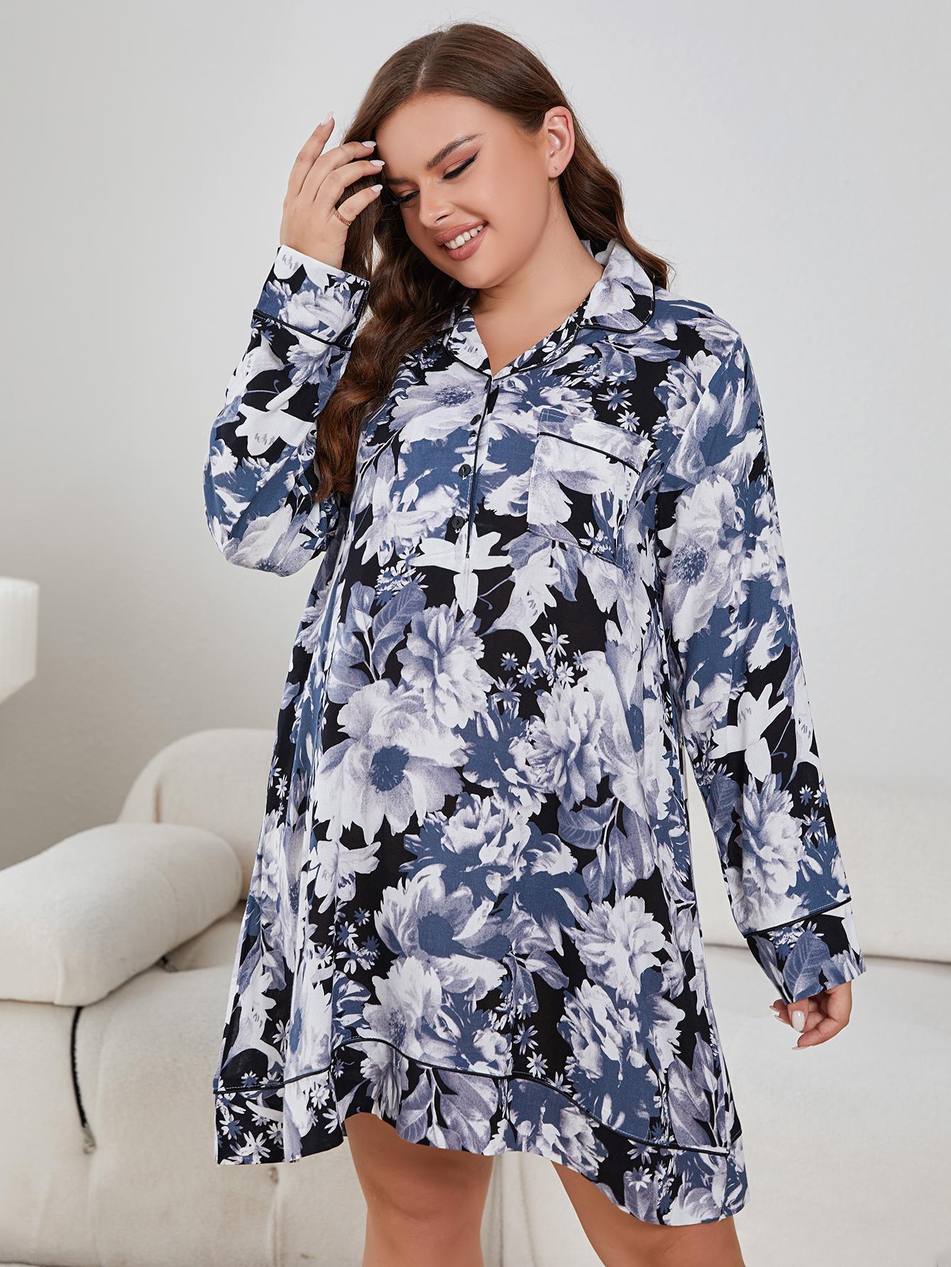 Plus Size Floral Lapel Collar Long Sleeve Night Dress - Clothes For Her Online Store