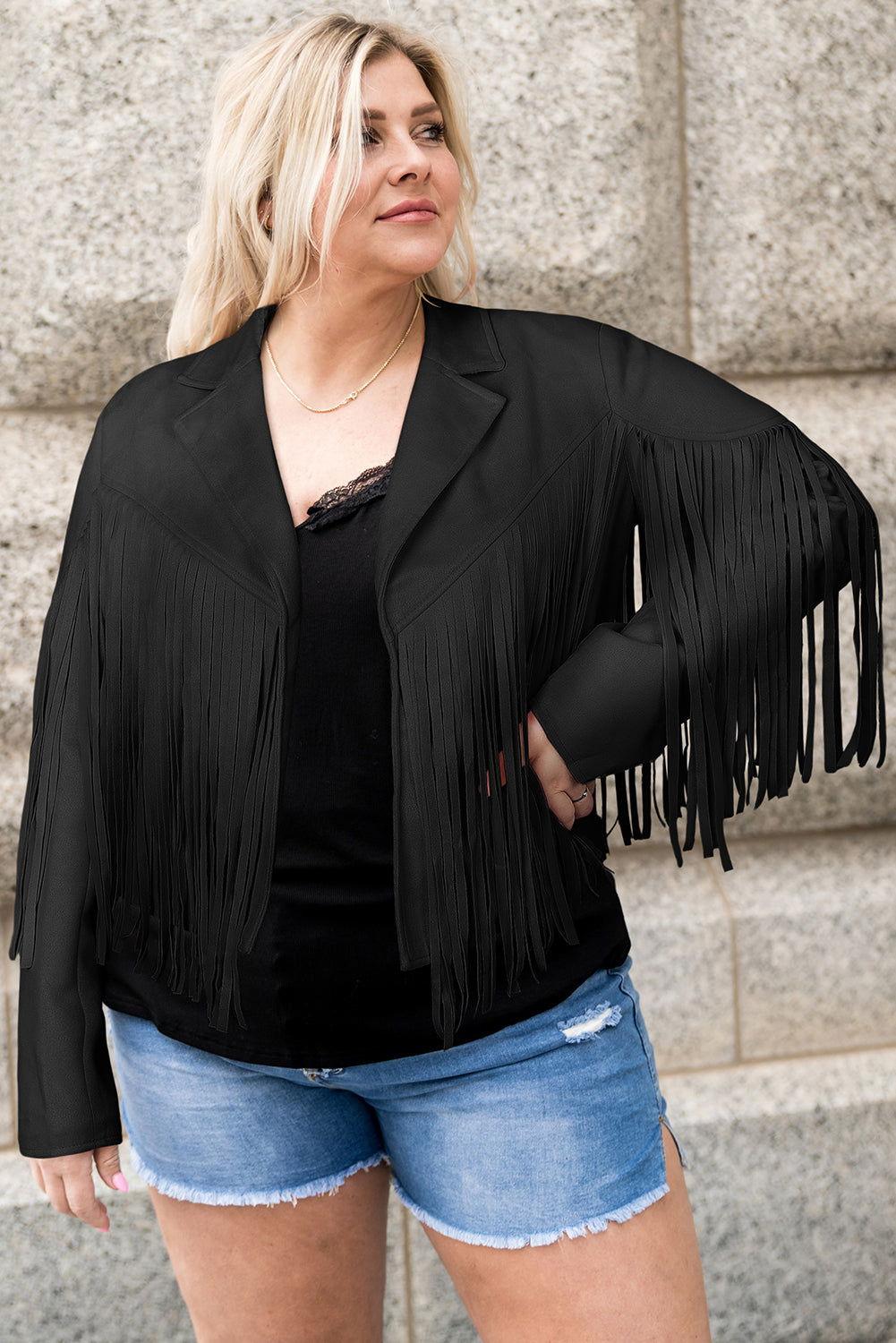 Plus Size Fringe Open Front Jacket - Clothes For Her Online Store