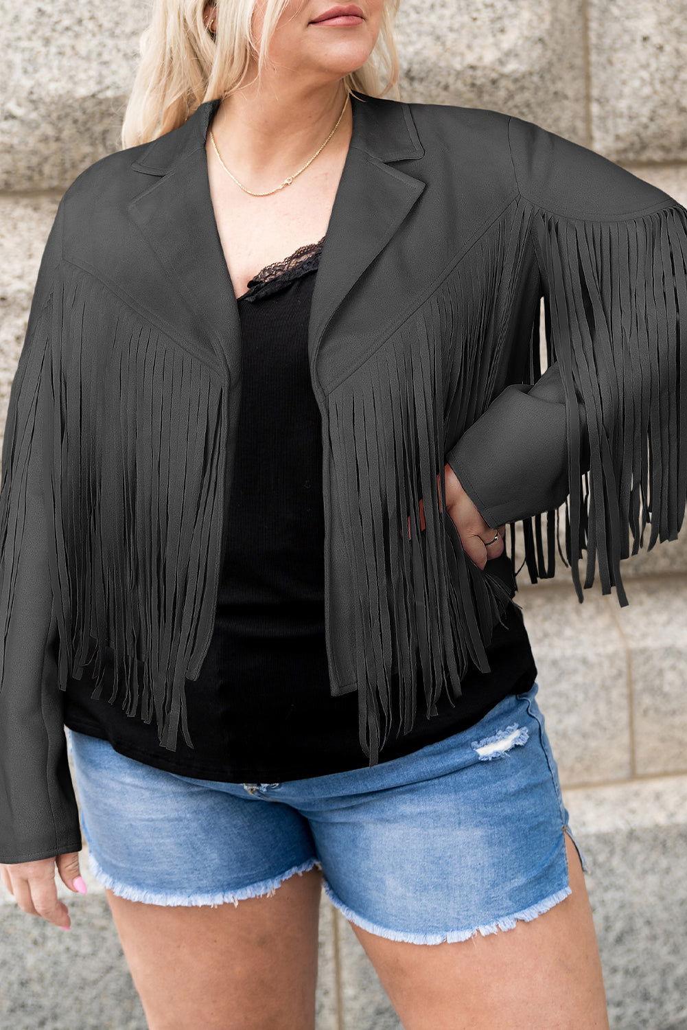 Plus Size Fringe Open Front Jacket - Clothes For Her Online Store