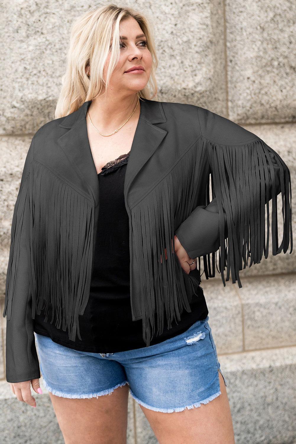 Plus Size Fringe Open Front Jacket - Clothes For Her Online Store