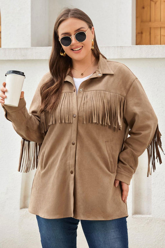 Plus Size Fringe Trim Snap Down Long Sleeve Shacket - Clothes For Her Online Store